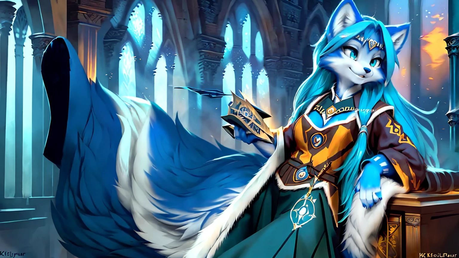 A beautiful and detailed (sweet picture) wa ((krystal)), Star Fox Krystal, sslim, lovable, green eyes, medium breasts, (((Long blue hair 1.3))), Decollete, grin, look up,, anthro, furry, Uploaded E621, detailed fluffy fur, (wa Fluff-Kevlar, Bayard Wu, personalize me, Pino Daeni), detailed face, (fluffy), 1 girl, alone, sweet girl, alone, ((((is located in Hogwarts)))), magician clothing