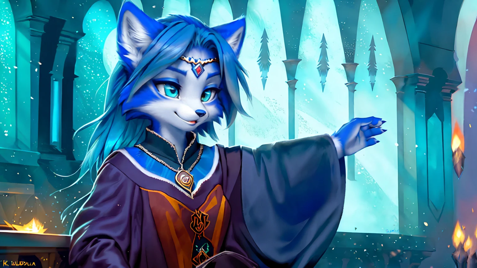 A beautiful and detailed (sweet picture) wa ((krystal)), Star Fox Krystal, sslim, lovable, green eyes, medium breasts, (((Long blue hair 1.3))), Decollete, grin, look up,, anthro, furry, Uploaded E621, detailed fluffy fur, (wa Fluff-Kevlar, Bayard Wu, personalize me, Pino Daeni), detailed face, (fluffy), 1 girl, alone, sweet girl, alone, ((((is located in Hogwarts)))), magician clothing