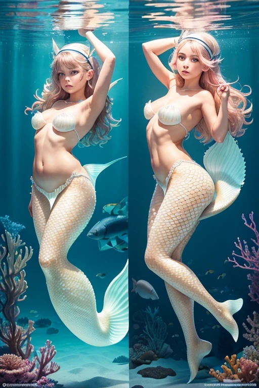 A sexy 13-yr european girl is illuminating(( wearing a fish head band))(( wearing transparent  illuminating mermaids costume sexy full body detail anatomy figure)), wearing transparent two piece scally detailed on skin, wearing scally fish like skin texture body, lifting up plump pussy , wavy pink short m hairstyles from the flow water, ((having fish tails instead of toes))( fish fins ears))(scally fish arms, torso, bottom, face, neck, shoulder & legs))((showing face near camera)) (accurate details of hands & fingers)) hard big errect nipples, open legs splitting position,exposed pussy line, exposed illuminating panties, exposed pussyline, smiling with teeth exposed. Sparkling gray eyes, charms, face details & fucos skin texture colored white, swimming under the ocean showing corals, urchins, fish, turtle, whale, bubbles of air for accurate background masterpiece ((with illuminating full white crystalline gemstone illuminating fish like scales skin textured all over her body)) ((with gills)) swimming with ocean current waves under the sea,( many different perspective view character profile  , front view, side view, rear view, of same face & clothing girls posing deferent angle))(( perfect details of mermaid body and tail fin anantomy))