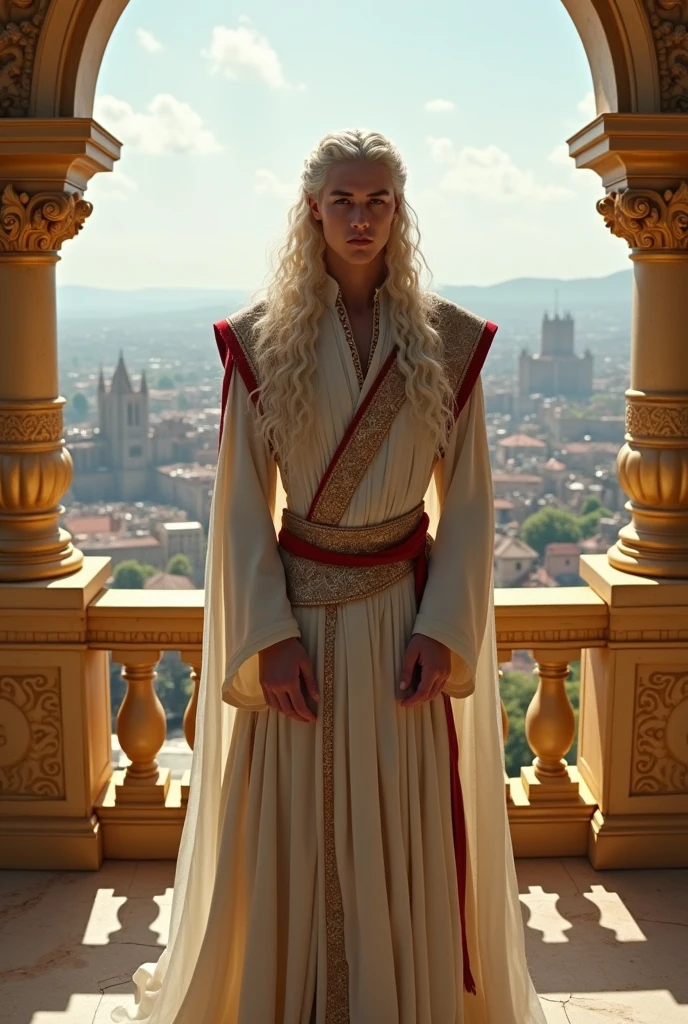 A Handsome Aesthetic Targaryen Prince with long curly braided platinum blonde hair, pale purple eyes,he's wearing a royal White Valyrian Costume with red details,He is standing on a royal golden large tower balcony,a large Old valyrian golden and rich royal City down and on background,