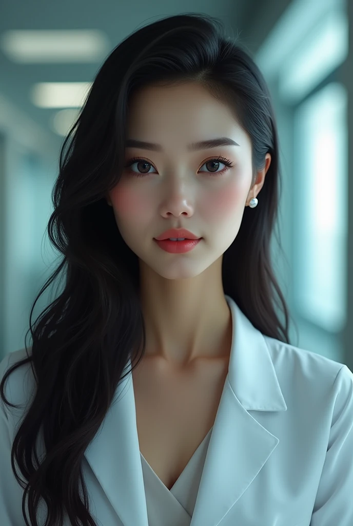 tall woman, slim, white, with long dark hair, large eyes, dark and bright, thick, pink lips, cejas slims, Very wise and kind doctor and researcher