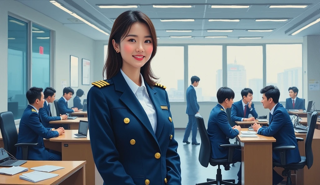 A stunning oil painting of a scene beautifully portraying, In a bustling government office, a young beautiful Korean woman, newly appointed as a government officer, stands confidently in her crisp official uniform. Surrounded by her colleagues, she engages in animated discussion, her expression a blend of enthusiasm and determination. Her uniform, neatly pressed and adorned with insignia, symbolizes her new role. The office environment is busy, with papers and computers scattered across desks, highlighting the dynamic and professional atmosphere as she integrates into her new position. The painting exhibits a dream-like, impressionistic style, with visible brushstrokes that create a sense of depth and texture. The color palette primarily consists of light blue, greys, and blacks, evoking a enthusiastic atmosphere. wide shot view. 