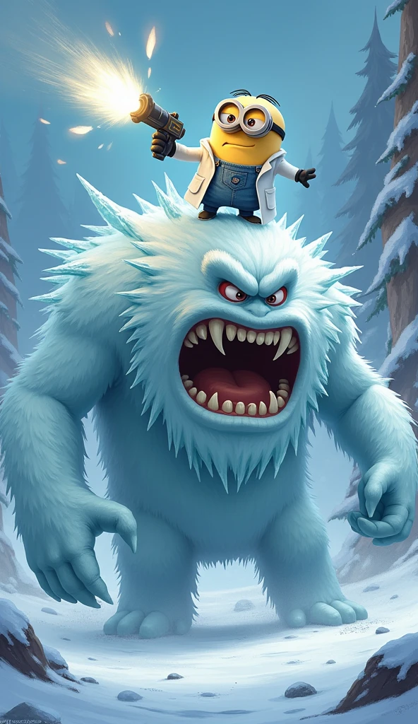 Minion in scientist suit standing on snow monster holding flash gun. Snow Monster Dies