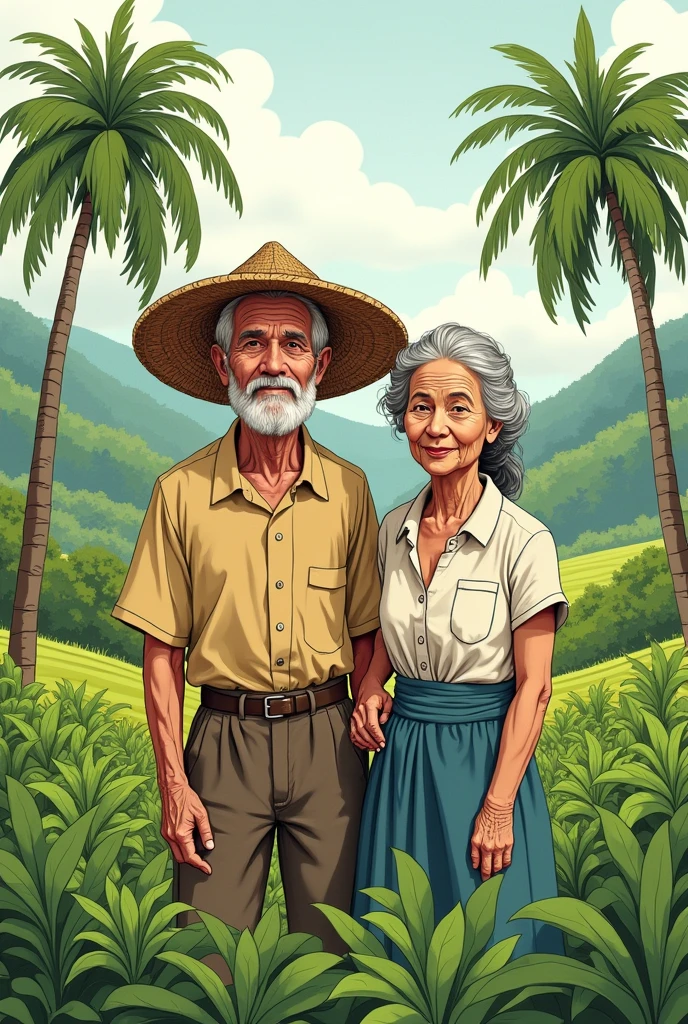 Hand drawn style, Elderly couple with rural characteristics, straw hat, green field and vegetable garden, babassu coconut trees