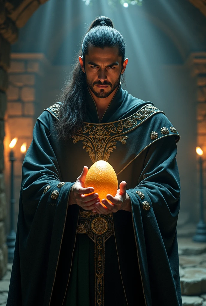 a male wizard with hair tied in a ponytail, facing forward with an egg in his hand