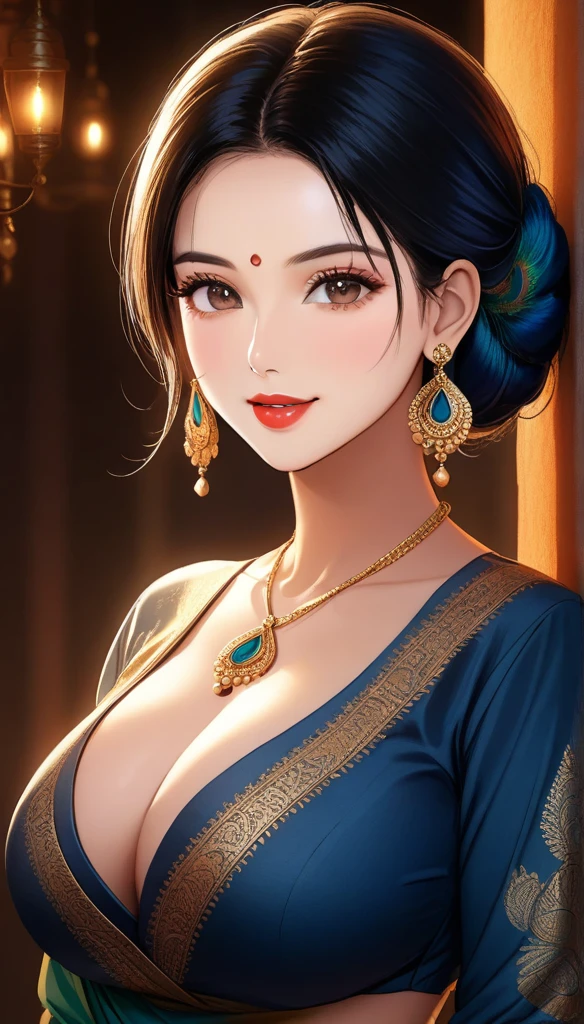 (1woman actress, single hair braid, plunging neckline silk peacock design blue kurta, black jeans, intricate large heavy rounded jhumka earrings, detailed alluring eyes, smooth detailed lips, beautiful face, smiling, red lipstick, bangles, saggy breasts, photorealistic, 8k, hyperdetailed, vibrant colors, studio lighting, masterpiece, cinematic composition, dramatic lighting, intricate details, highly realistic skin textures, volumetric lighting, beautiful intricate jewelry, warm color palette, natural lighting, elegant pose, beautiful detailed expression, hyper realistic rendering, seamless blending, flawless skin, glowing skin, delicate features, breathtaking realism, striking composition),tall , necklace, bangles ,full body view, cleavage , mehendi, seductive pose,