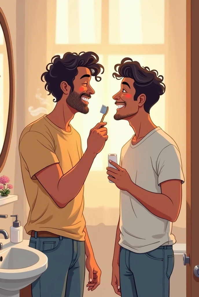 Gay couple men tall short curly hair brushing teeth manga happiness