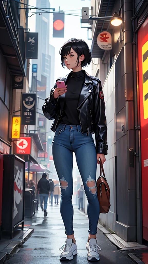 full body of a girl, leather jacket, skinny jeans, sneakers, short hair, perfect body, standing while checking on her phone