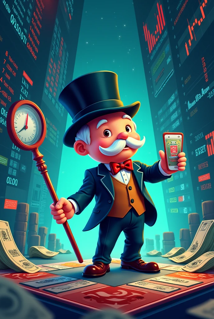 Create me a poster on the theme of monopoly game with the topic of power bi , stocks and crypto and business analytics 
