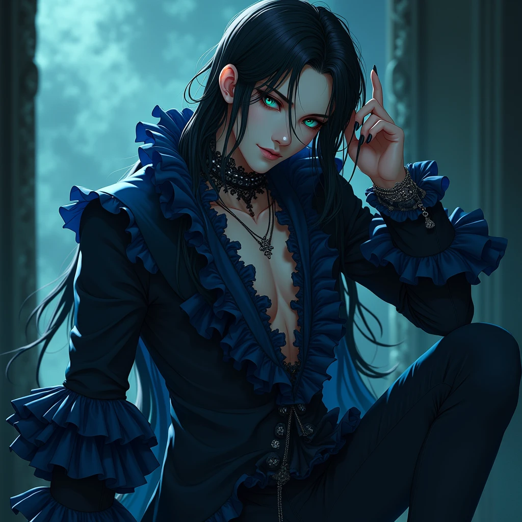 Long black hair. Teal blue eyes, Male, Blue and black frilly gothic clothes, Surrealism, Sexy, Masterpiece, Shiny, Gloomy effects, 8k, super detail, Shiny, Beautifully detailed, Pretty drawn. Anime style. Sexy pose, hot. Seductive pose. Anime style.