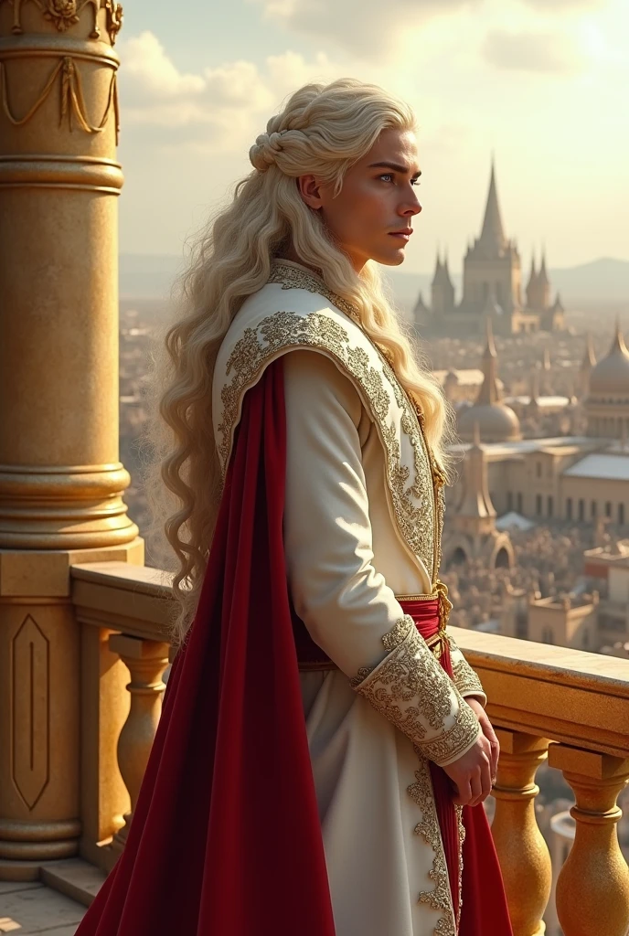 A Handsome Aesthetic Fit 30 years old Targaryen Prince with long curly braided platinum blonde hair, pale purple eyes,he's wearing a royal White Valyrian Costume with red details,He is standing on a royal golden large tower balcony,a large Old valyrian golden and rich royal City down and on background,