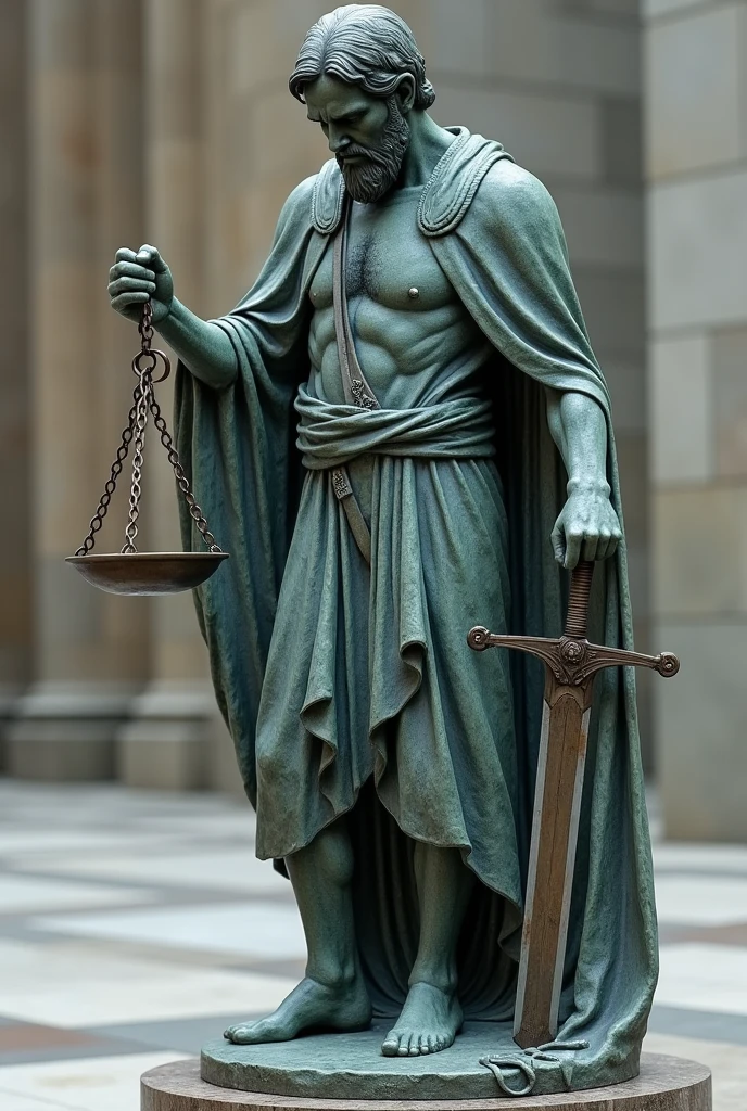 A statue of a man with an unbalanced scale and in the other hand a broken sword