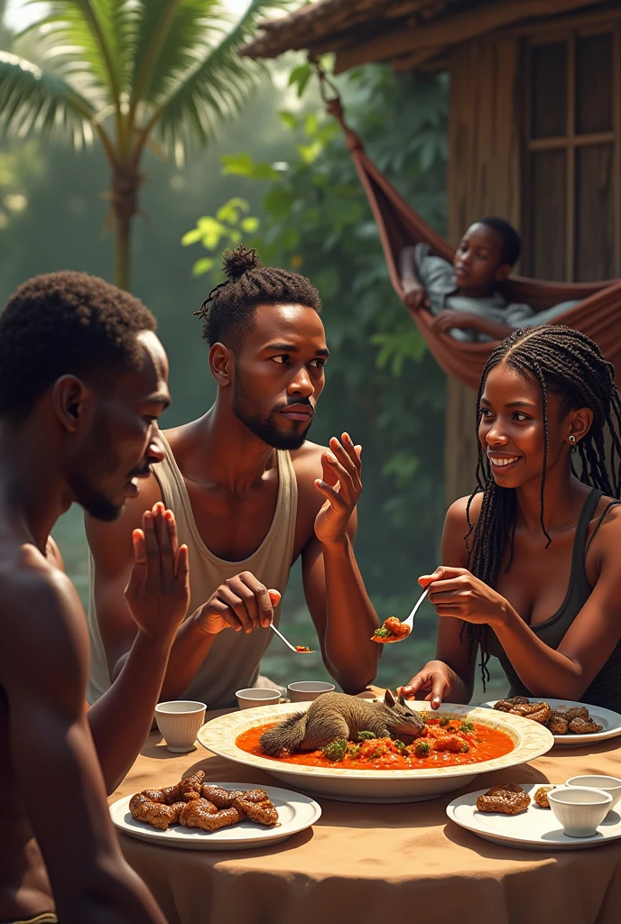 Un repas dans un ferme en Côte d'Ivoire, 3 hommes noirs mangent avec les mains dans un plat commun contenant un écureuil dans la sauce et des chenilles. Un jeune homme européen assis avec eux est dégouté par le plat. Deux soeurs noires de 8 et 24 ans avec des tresses se reposent juste à côté dans des hamacs. 