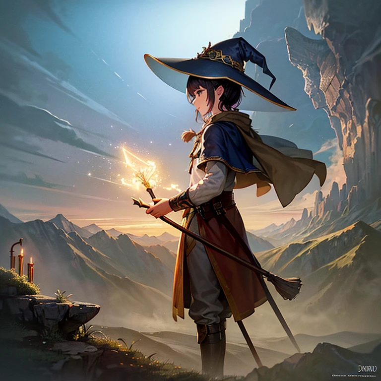 masterpiece, best quality, ultra-detailed, illustration, solo, 1man, wizard, flying, broom, night sky, outdoors, magic, spells, moon, stars, clouds, wind, cape, hat, boots, broomstick, glowing, mysterious, enchanting, whimsical, adventurous, wonder, imagination, determination, skill, speed, movement, energy, realism, naturalistic, figurative, representational, beauty, fantasy culture, mythology, fairy tales, folklore, legends, wizards, magical creatures, fantasy worlds, composition, scale, foreground, middle ground, background, perspective, light, color, texture, detail, beauty, wonder, powerful young wizard, druïd, (male:1.2)
