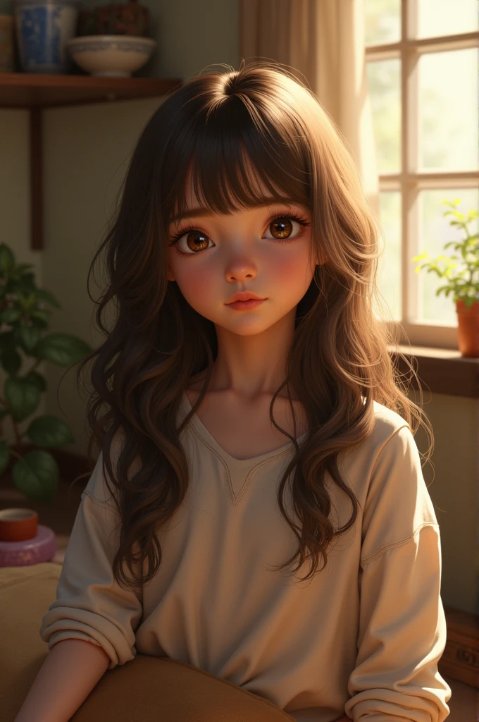 Girl with brown hair and brown eyes inside room 