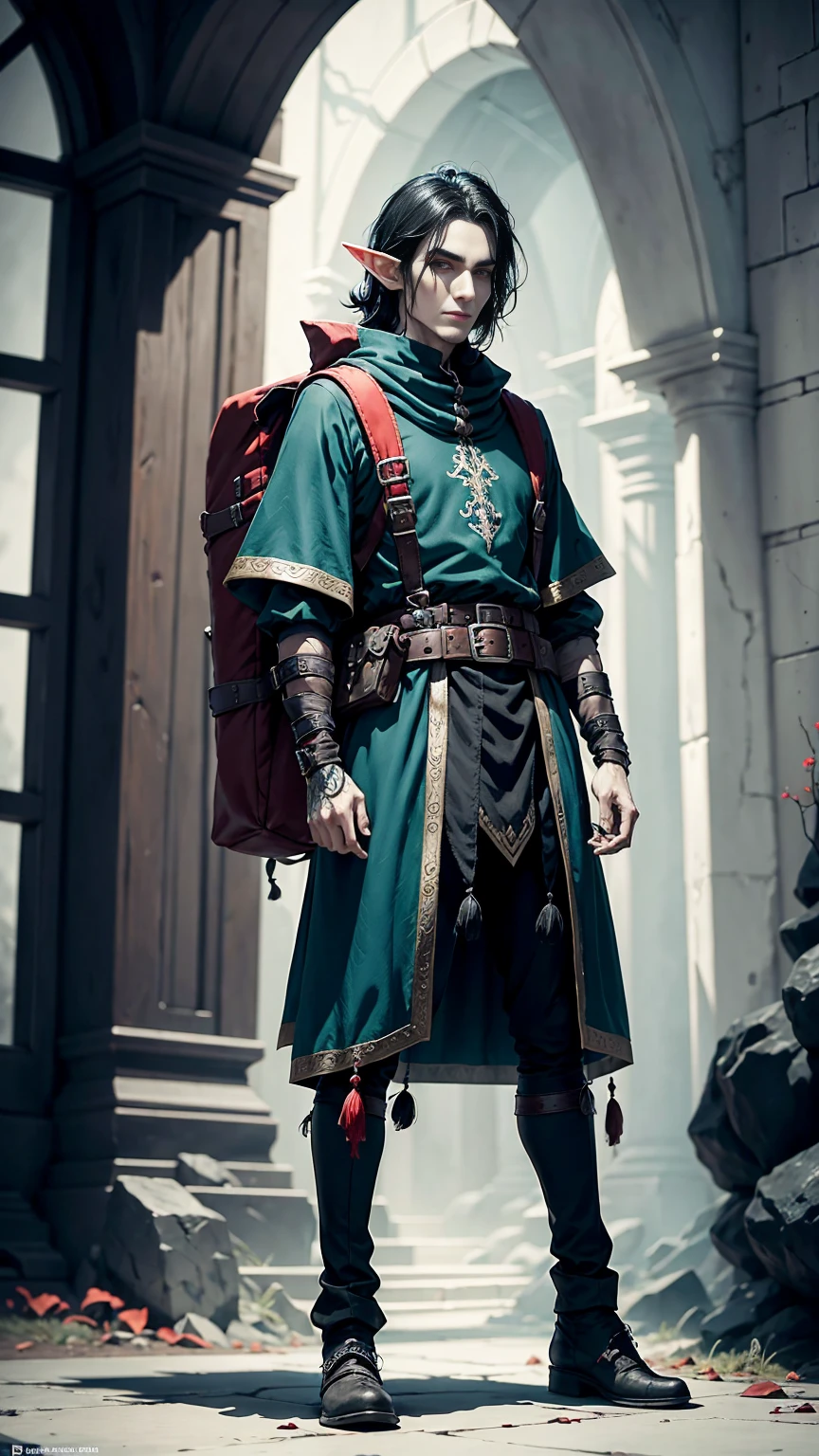 elf, jester, black hair, turquoise eyes, 6'3" tall, full body, backpack, belt pouch, dull colours, grim dark fantasy art style, black white and red clothing