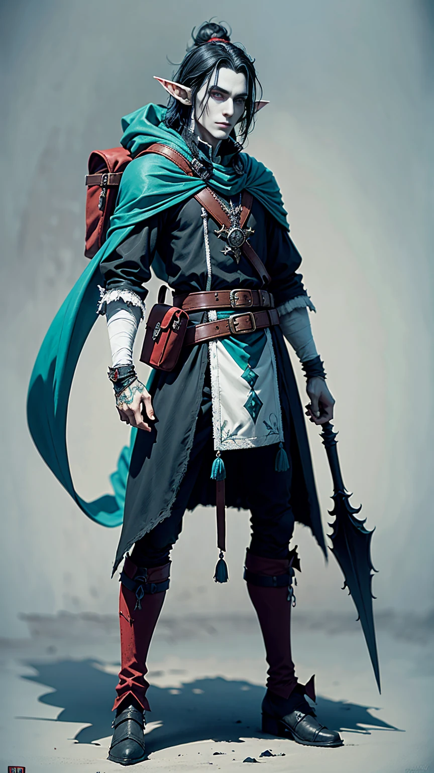 elf, jester, black hair, turquoise eyes, 6'3" tall, full body, backpack, belt pouch, dull colours, grim dark fantasy art style, black white and red clothing