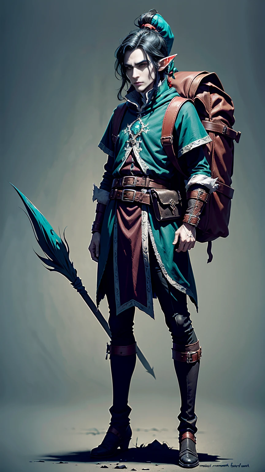 elf, jester, black hair, turquoise eyes, 6'3" tall, full body, backpack, belt pouch, dull colours, grim dark fantasy art style, black white and red clothing