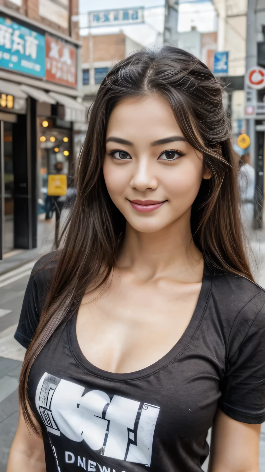 masterpiece, Highest quality, figure, Very detailed, In detail, High resolution, 8k wallpaper, Perfect dynamic composition, ((Beautiful Men))、Super beautiful woman、32 、Beautiful attention to detail , Big eyes、Open the mouse, Sexy Face,A face of ecstasy,The face at the peak of sexual arousal, View your viewers, Childish and innocent expression、((smile))、((Australian/Japanese mix))、((super good looking guy ))、The skin is fine and smooth、No beard、((A beautiful face with a straight nose))、((Long hair like a rock star))、((Big Breasts))、((Big Ass))、Thin but muscular、((Wearing a black T-shirt))、((Downtown Urban))