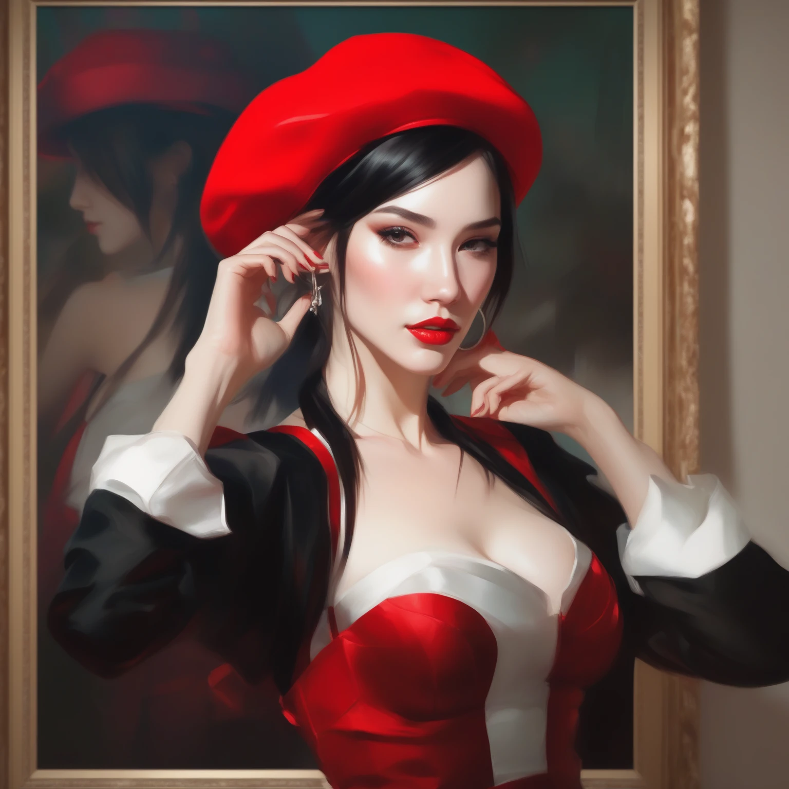 painting of a woman in a red hat and dress with a painting behind her, artwork in the style of guweiz, artgerm style, tifa lockhart portrait, guweiz masterpiece, seductive tifa lockhart portrait, portrait of tifa lockhart, artgerm portrait, style of artgerm, style artgerm, renaissance digital painting