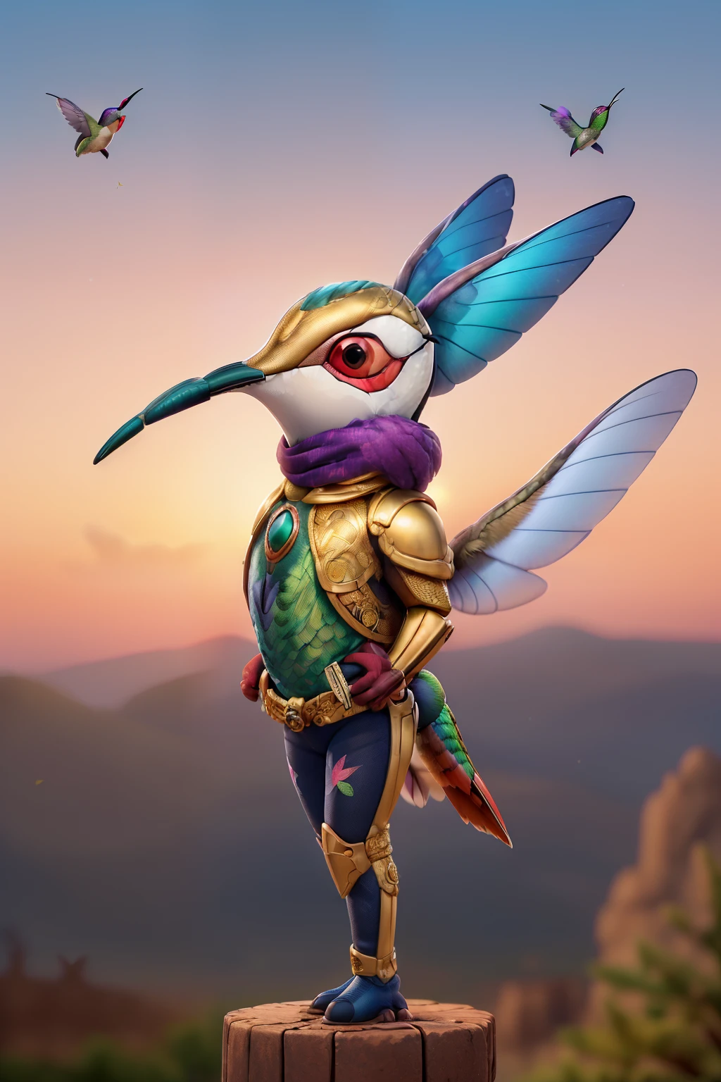 (Close-up of a powerful hummingbird:1.5), (Facing forward, wearing intricate golden armor:1.3), (Majestic and strong, standing alone:1.2), (Epic sunset background:1.1), (Radiant light around the hummingbird:1.2), (Symbolic landscape reflecting strength, unity, and determination:1.0)