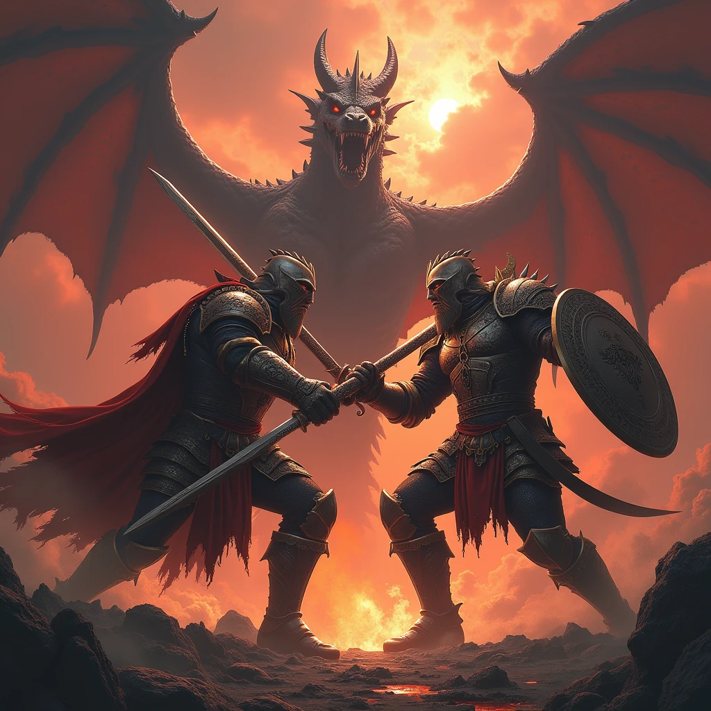 Two warriors and a dragon in the background in hell