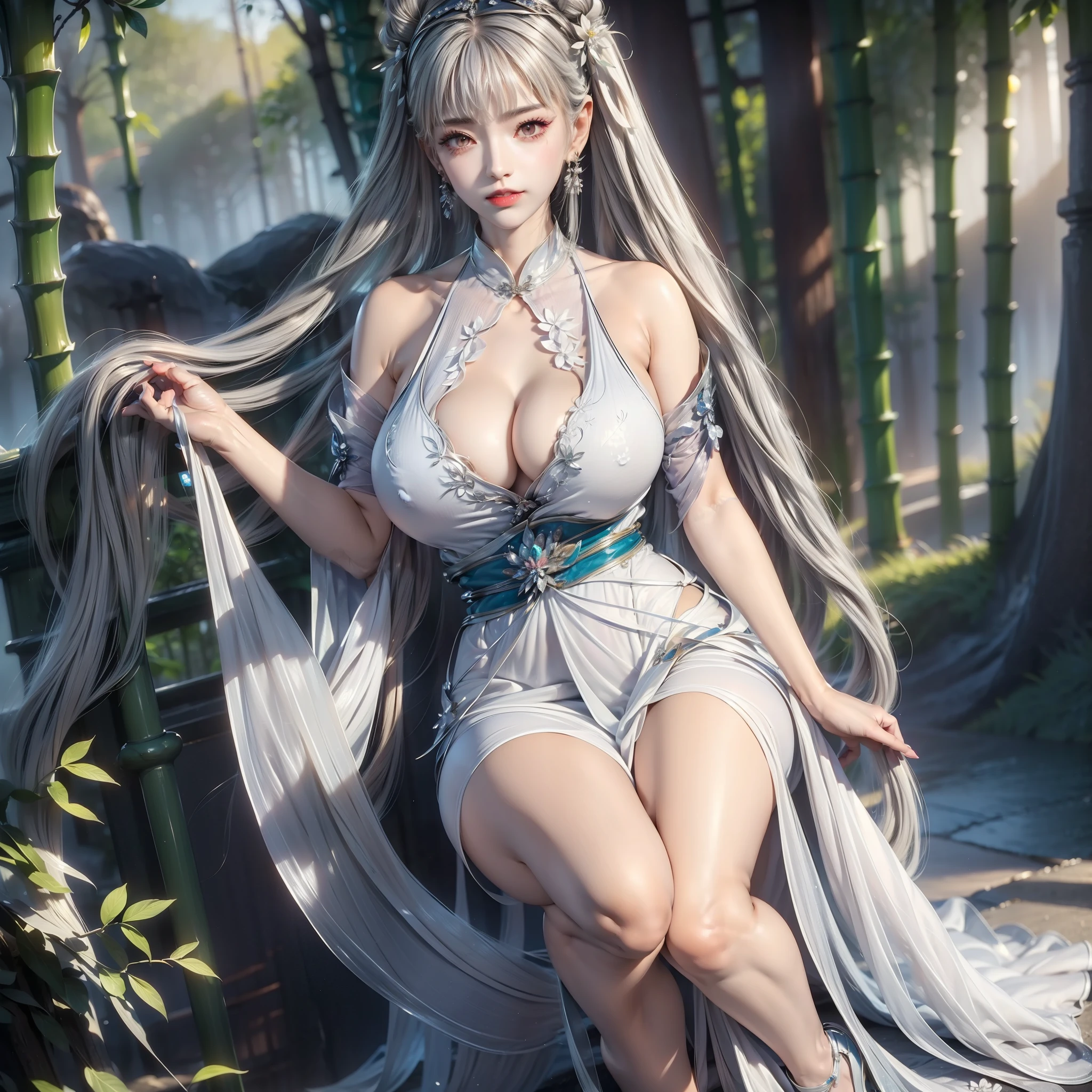 (masterpiece:1.2),best quality,masterpiece,highres,original,extremely detailed wallpaper,perfect lighting,(extremely detailed CG:1.2),1girl,solo,long hair,jade sword,looking at viewer,(high heels),black hair,hair ornament,(white dress:1.5),jewelry,closed mouth,(full body:1.5),earrings,in summer,bamboo forest,nature,day,flower sea,expressionless,chinese clothes,forehead mark,(lighting:1.5),