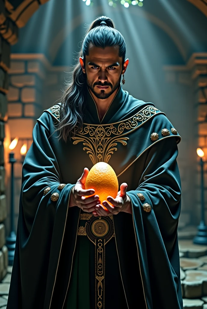 a male wizard with hair tied in a ponytail, facing forward with an egg in his hand