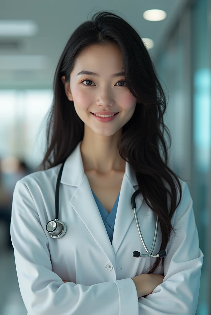 tall western woman, slim, white, with long dark hair, large eyes, dark and bright, thick, pink lips, cejas slims, very wise doctor and researcher, kind and happy, helping sick women