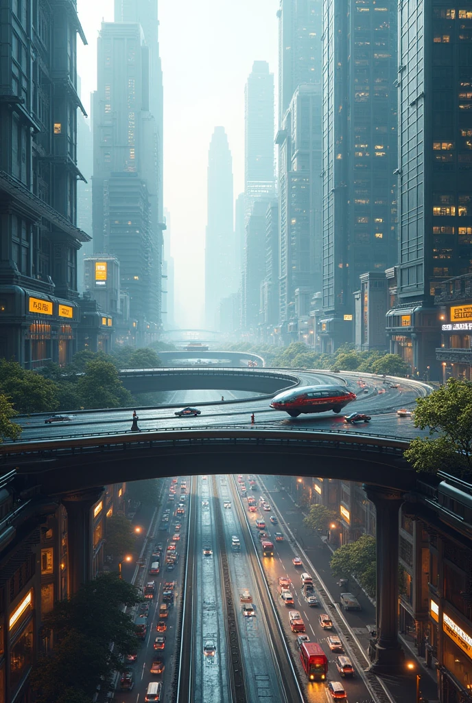 Create a futuristic city with air roadways and underground roadways and more things to stop traffic jams