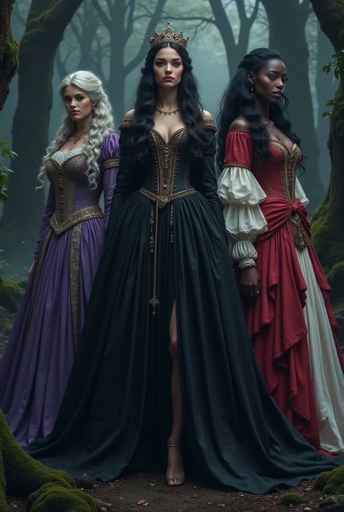 a forest at night. In the center of the image a sensual queen with white skin and long black hair, black medieval dress and crown on head. to her right, a black woman with long curly hair wearing a red and white medieval dress with ruffles. On the left a white woman with grey hair and purple medieval dress