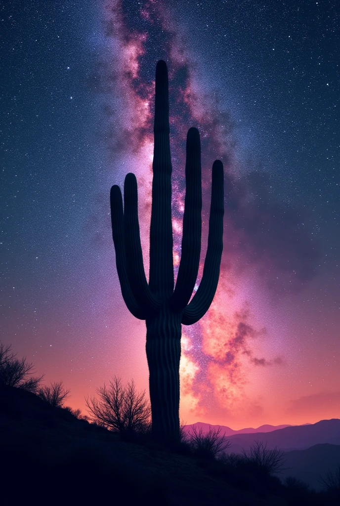 Giant cactus silhouette (Look from the bottom up) Background Colorful Milky Way Starry Sky Sparkling Stars Movie Quality Masterpiece Bright Glowing Milky Way Starry Sky Exquisite Beautiful Details Shine