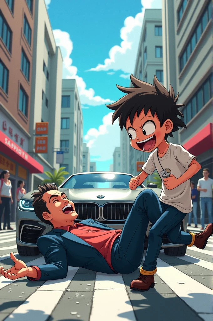 One anime boy laughing at rich guy because of he fall from car and one cute, hot, sexy🥵, showing pussy without painte lady came and help him.