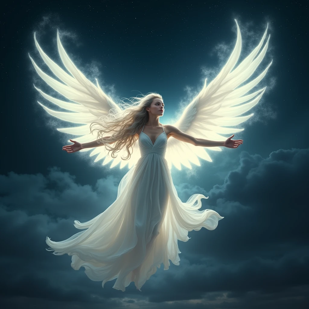 A girl with long white hair,She will be flying in the sky, she will be a phoenix and a strong light will come out of her,I want the dark sky,I want the image to have an air of rebirth like the phoenix,I want her to be beautiful like a model