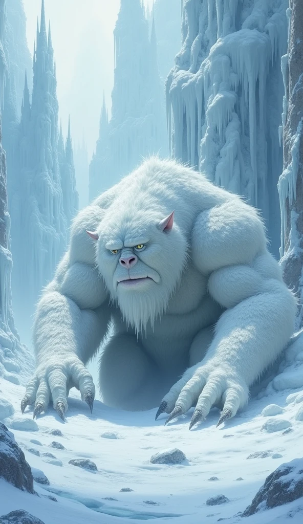 The snow monster lies face down in the snow, motionless, surrounded by the ice palace.