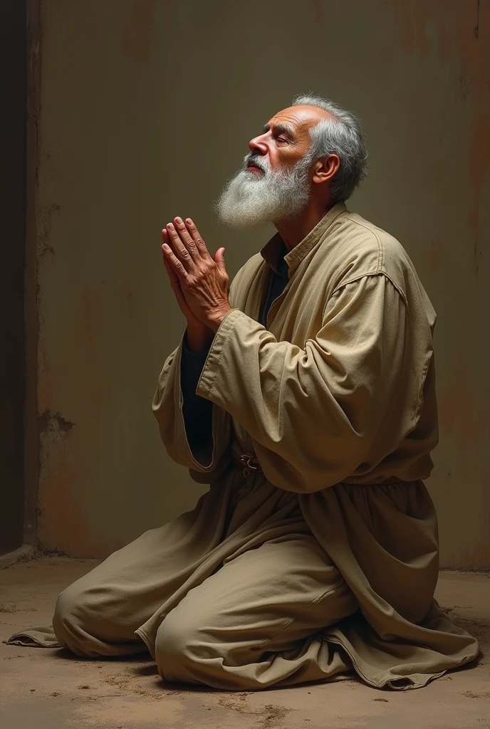 Hazrat Zakariya kneeling in prayer, with his hands raised and a look of devotion on his face.