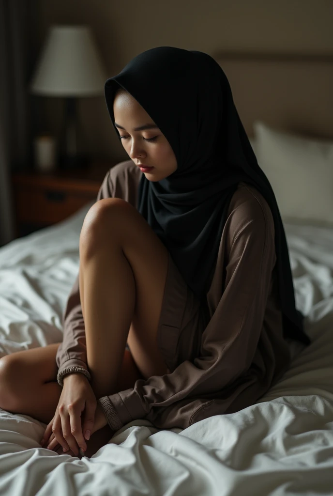 beautiful and sexy Indonesian girl aged 25 years with clean white skin and a hijab sitting naked on the bed in a hotel room