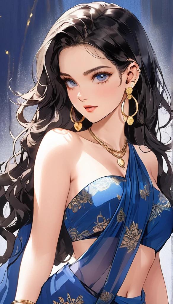 (Comic illustration)Renowned actress at the age of 28 wearing a provocative blue saree braless, large oversized hoops earrings, long hair , saggy breasts ,face makeup, beautiful, alluring, necklace,white skin ,ear piercing