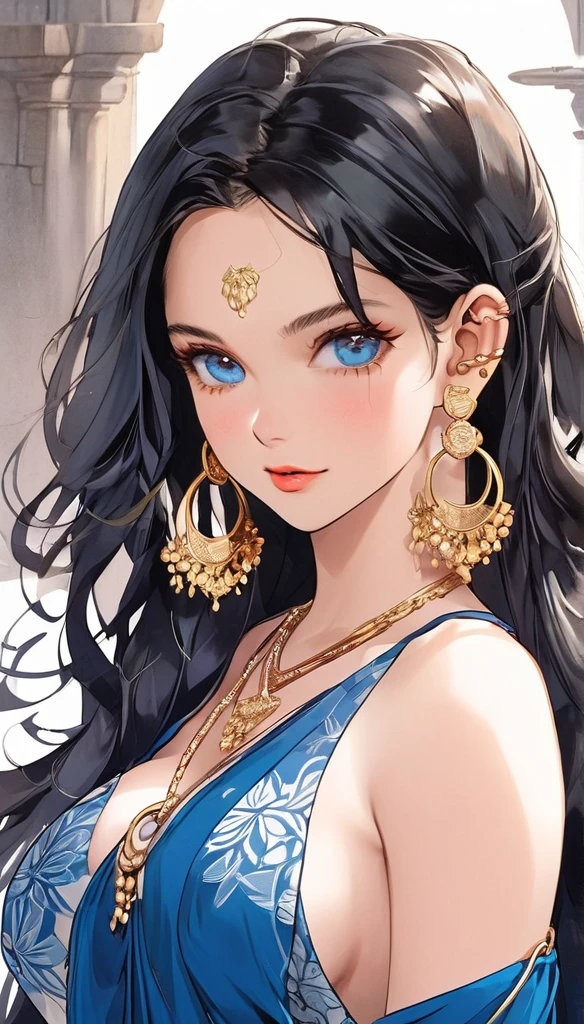 (Comic illustration)Renowned actress at the age of 28 wearing a provocative blue saree braless, large oversized hoops earrings, long hair , saggy breasts ,face makeup, beautiful, alluring, necklace,white skin ,ear piercing