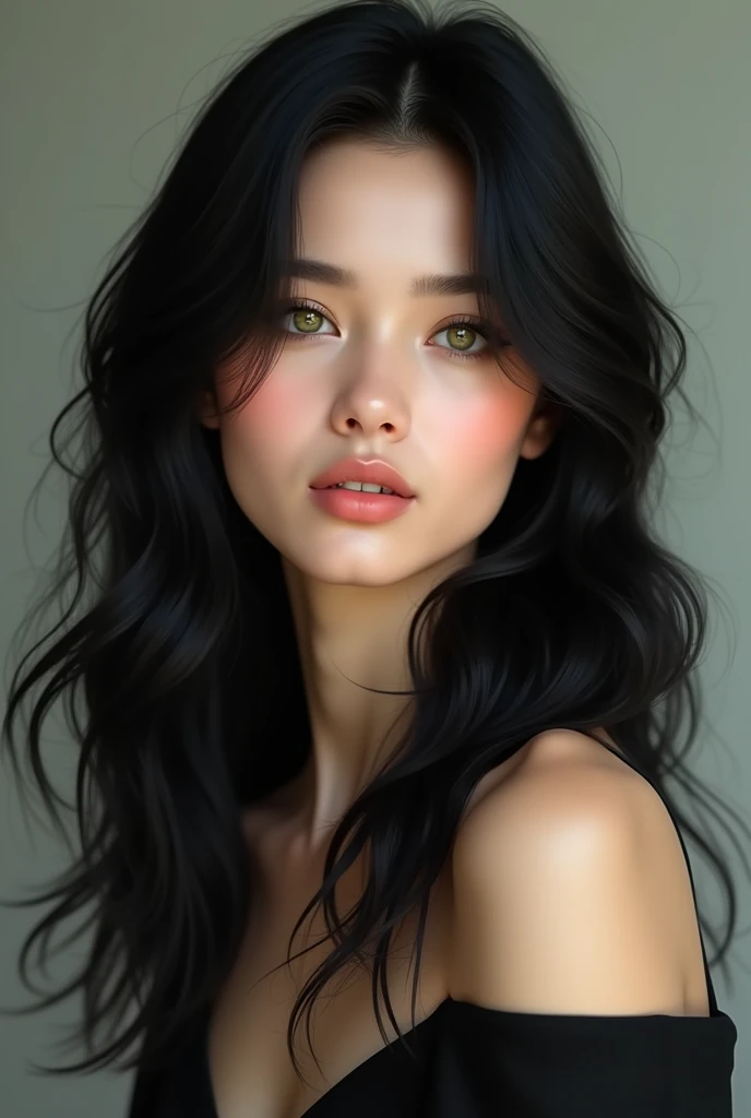 A black-haired, green-eyed woman of the Eurasian type 