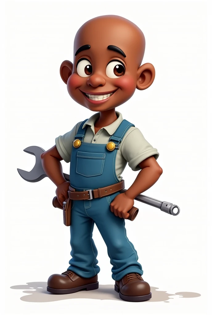 white background, a cartoon character of mechanic with tool in hand, skin color black and bald without beard