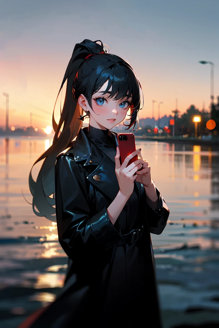 (masterpiece, best quality:1.3), highly detailed, (atmospheric perspective), 1girl, black hair, high ponytail, long hair, (bangs), (deep ocean eyes), (smiley), red lipsticks, (holding smartphone:1.1), looking at the phone, black leather long coat, late night river background, soft focus, ((bokeh)), absurdres