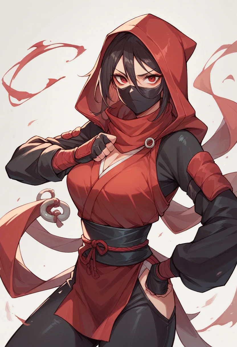 Ninja in gray and red clothes, hood and red eye mask.