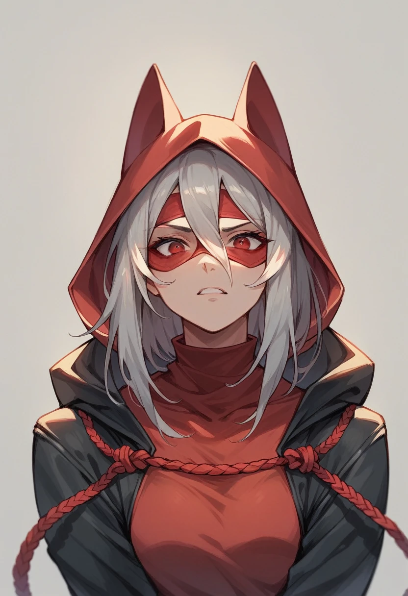 Ninja in gray and red clothes, hood and red eye mask.