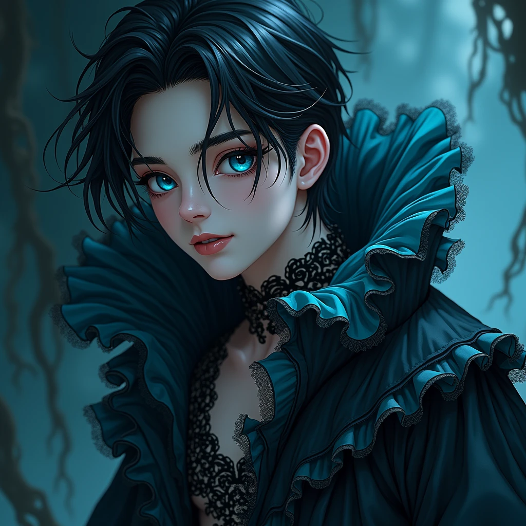 Long black hair. Teal blue eyes, Male, Blue and black frilly gothic clothes, Surrealism, Sexy, Masterpiece, Shiny, Gloomy effects, 8k, super detail, Shiny, Beautifully detailed, Pretty drawn. Anime style. Sexy pose, hot. Seductive pose. Anime style.