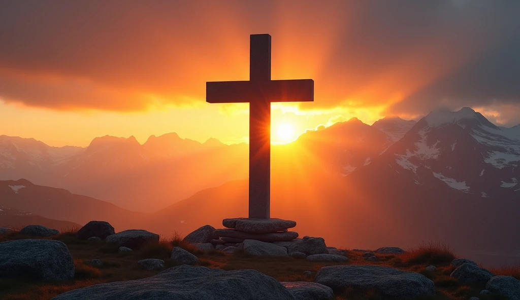 A striking photograph showcasing a large cross middle positioned outdoors in a Scandinavian landscape, illuminated by the vibrant hues of sunrise. The scene exudes a dramatic ambiance, accentuating the solemnity and spiritual significance of the cross. Camera Settings: The photograph is meticulously composed with a medium f-stop, ensuring clarity in capturing the intricate details of the large cross and the expansive landscape. The shutter speed is adjusted to seize the dynamic lighting of the sunrise, preserving the dramatic atmosphere of the scene. A low ISO rating maintains image quality, enhancing the richness of colors and textures. Volumetric Lighting: Dramatic sunlight bathes the scene, casting long shadows and creating a captivating play of light and shadow. The golden hues of sunrise infuse the landscape with warmth and depth, emphasizing the symbolic importance of the cross against the backdrop of nature.