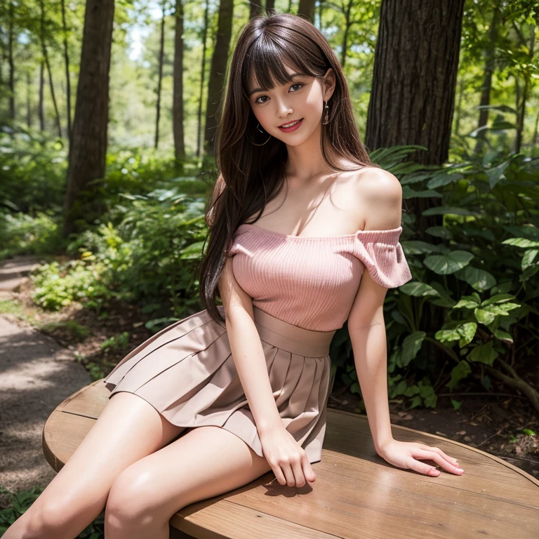 long skirt,skirt,Wearing a pink pleated skirt, Wear black stockings,(knee shot), 1 female, On the face, laughing out loud, light brown hair, blunt bangs, hair behind ears, Shoulder-length hair, long hair, Slender body type, 超face slimming型, face slimming, delicate lips, beautiful eyes, Thin blush, Eyes are light brown,View here, (actual:1.3), Coniferous forest, One person's perspective, 8k, on the table, , Super detailed, high quality, best quality, High resolution, ，Large Breasts，H Cup, Off-shoulder tops，21 years old
