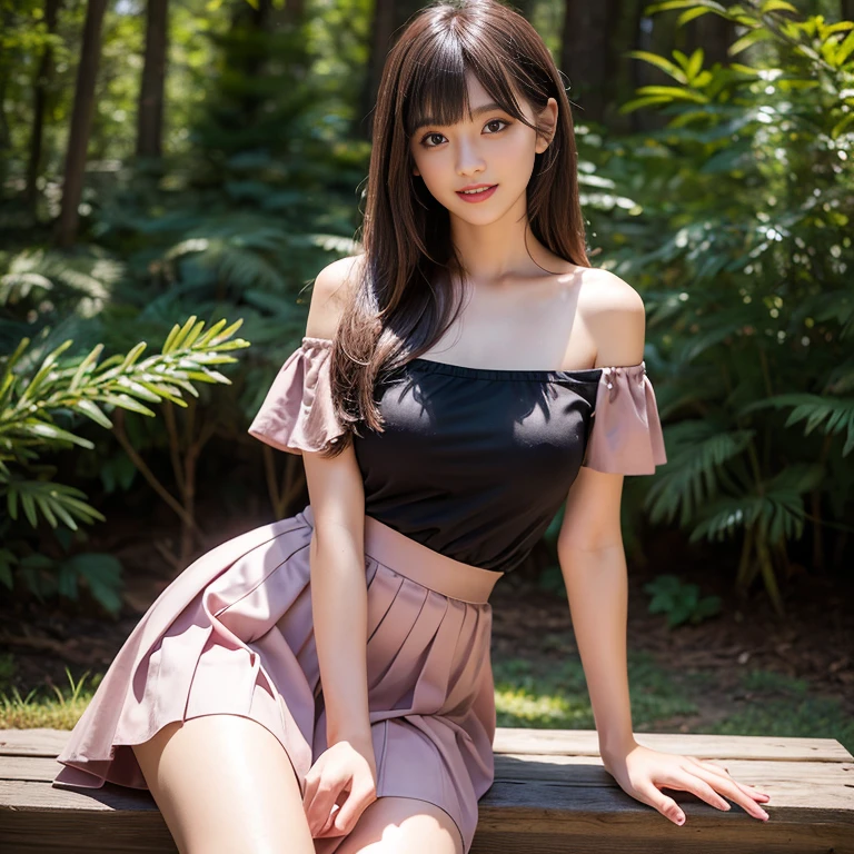 long skirt,skirt,Wearing a pink pleated skirt, Wear black stockings,(knee shot), 1 woman, On the face, laughing out loud, light brown hair, blunt bangs, hair behind ears, Hair over the shoulders, long hair, Slender body type, Super thin face, face slimming, delicate lips, beautiful eyes, Thin blush, Eyes are light brown,Check it out here, (realistic:1.3), Coniferous forest, One person's perspective, 8k, On the table, , Super detailed, high quality, best quality, High resolution, ，Large Breasts，H CUP, off -shoulder top