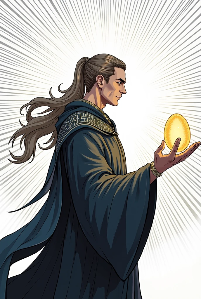 a male wizard with hair tied in a ponytail, facing forward with an egg in his hand with only lines
