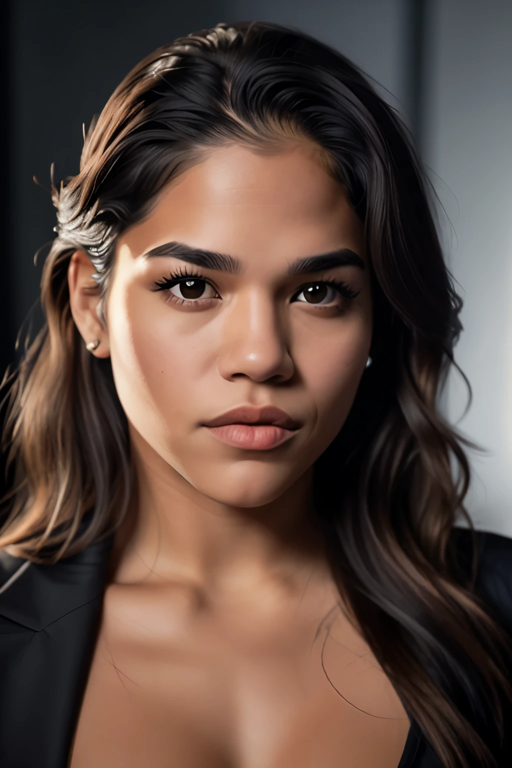 Manni L Perez, 19 year's old latina female model, tanned complexion, wearing red minidress, big breasts, horse glass body shape, intricate tattoos, bright studio lights. High quality, 8k, detailed, realistic, athletic build, glowing skin, striking face, expressive eyes, elegant hair. High-res, ultra-realistic, textured skin, detailed pupils, symmetrical eyes, photorealism. Candid shot, studio, 16mm, Portra 400, cinematic camera, Sony A7III ((best quality)), ((masterpiece)), (detailed),
